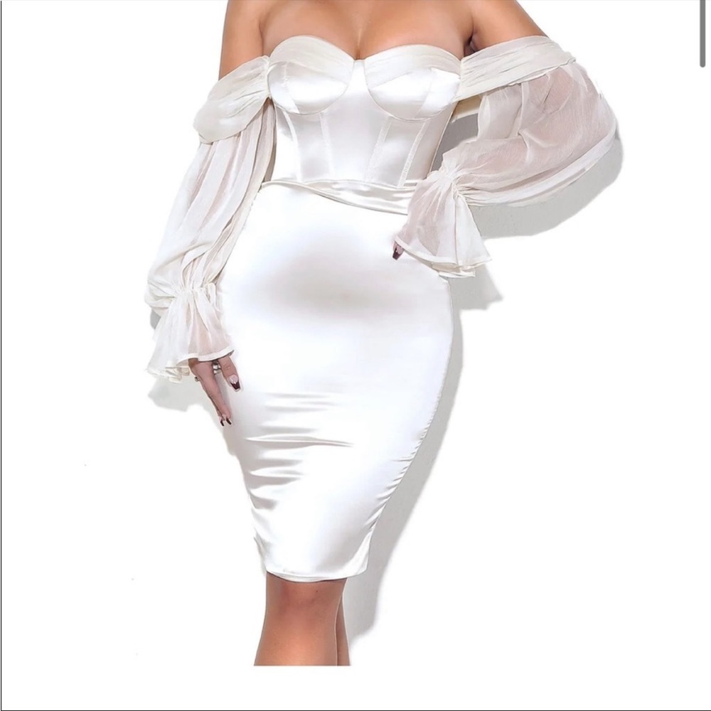 Miss Circle Lydia Pearl White Satin Off Shoulder Puff Sleeve Dress